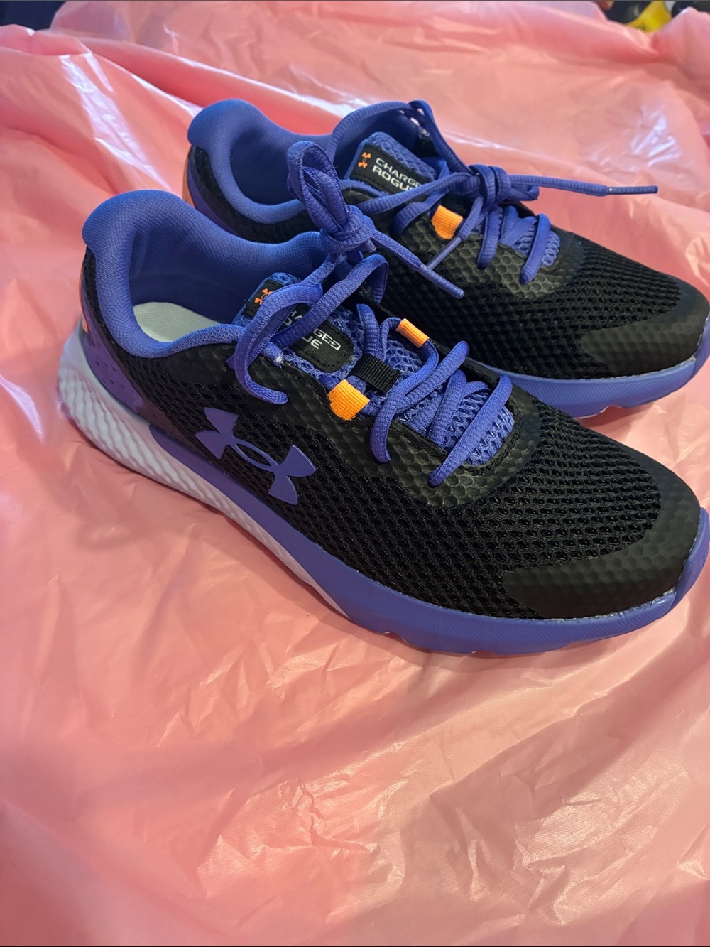 Under Armour Kids Black and Purple Athletic Sneakers with NEON Orange Accents